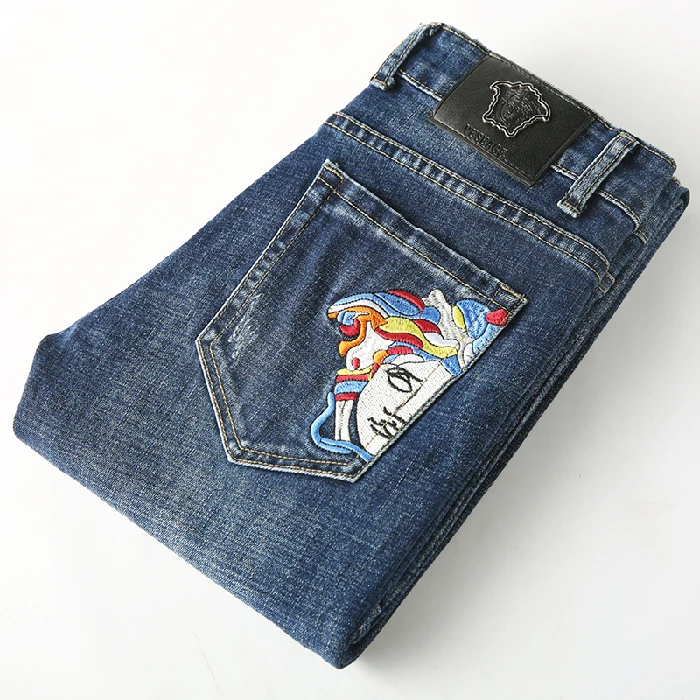 Корейская версия тонких мужских джинсов модные вышитые джинсы мужские джинсовые