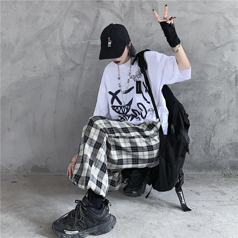 

2021 Summer Spring Women High Waist Wide Leg Trousers Vintage Plaid Print Pants Casual Korean Elastic Waist Loose Pants korean