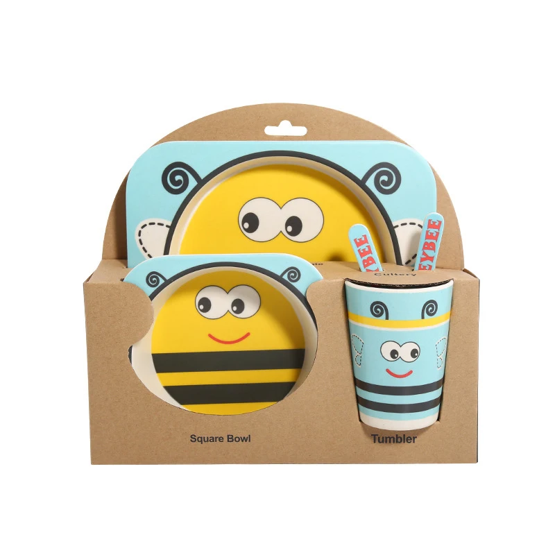 Blue bee 5 шт./компл. мультфильм животных пластина+ галстук-бабочка+ вилка из овечьей шерсти+ стакан-столовая посуда набор для кормления детское нижнее белье из бамбукового волокна; милая детская контейнер посуда набор - Цвет: Blue bee