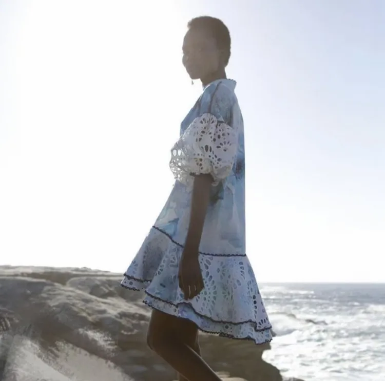 

Fashion Hwaii Dress Women Fashion Blue Tie Die Hollow Out Ruffles Lantern Sleeve FIsh Tail Dress 2021 Summer Loose Holiday Dress