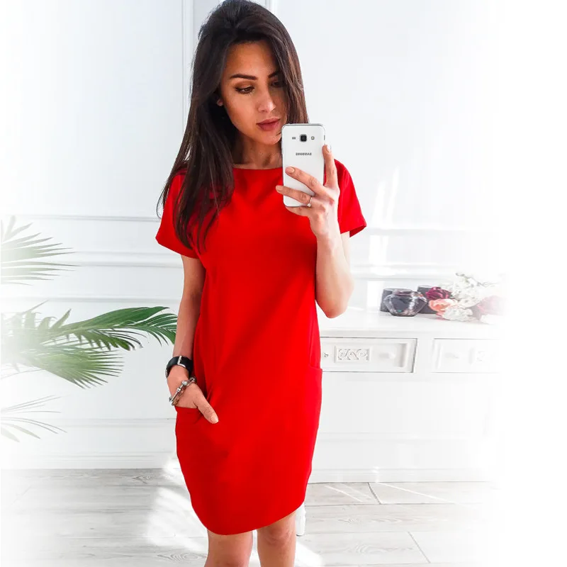 

O-neck Short Sleeve Solid Party Dress Loose Straight Fashion Pockets Elegant Feminina Vestidos Casual Vintage Women Summer 2018