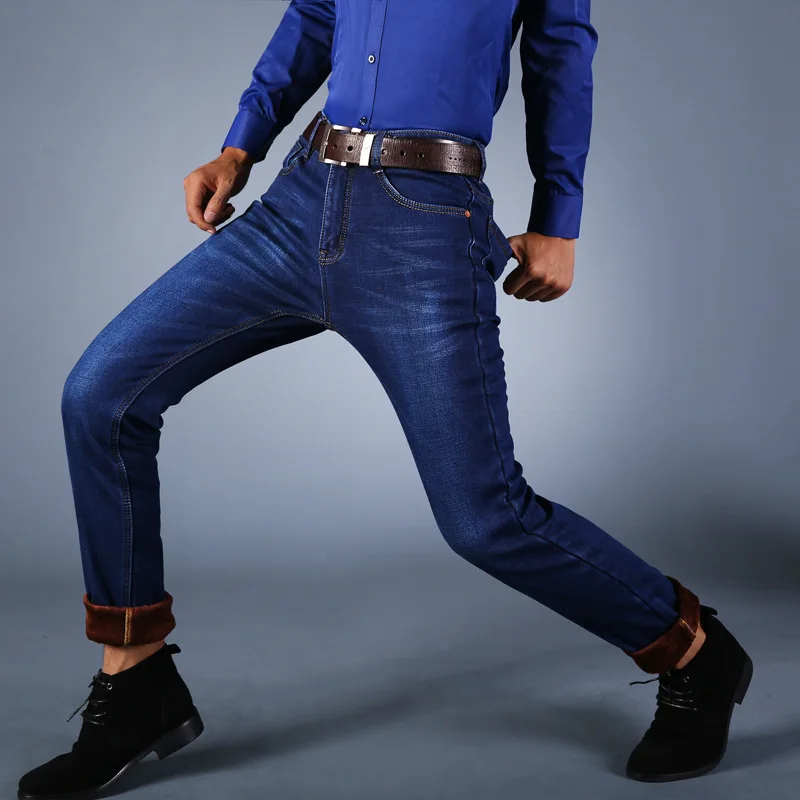 

ICCLEK Autumn and Winter Men's Jeans Stretch Pants Plus Velvet Thickening Straight Men's Pants Slim Fit Youth Mid-waist Trousers