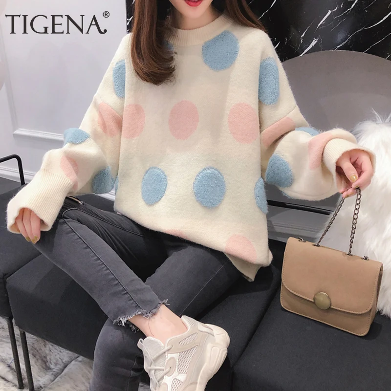 Женский милый sweater в горошек TIGENA, теплый вязаный свободный пуловер с длинным рукавом, джемпер для женщин на зиму