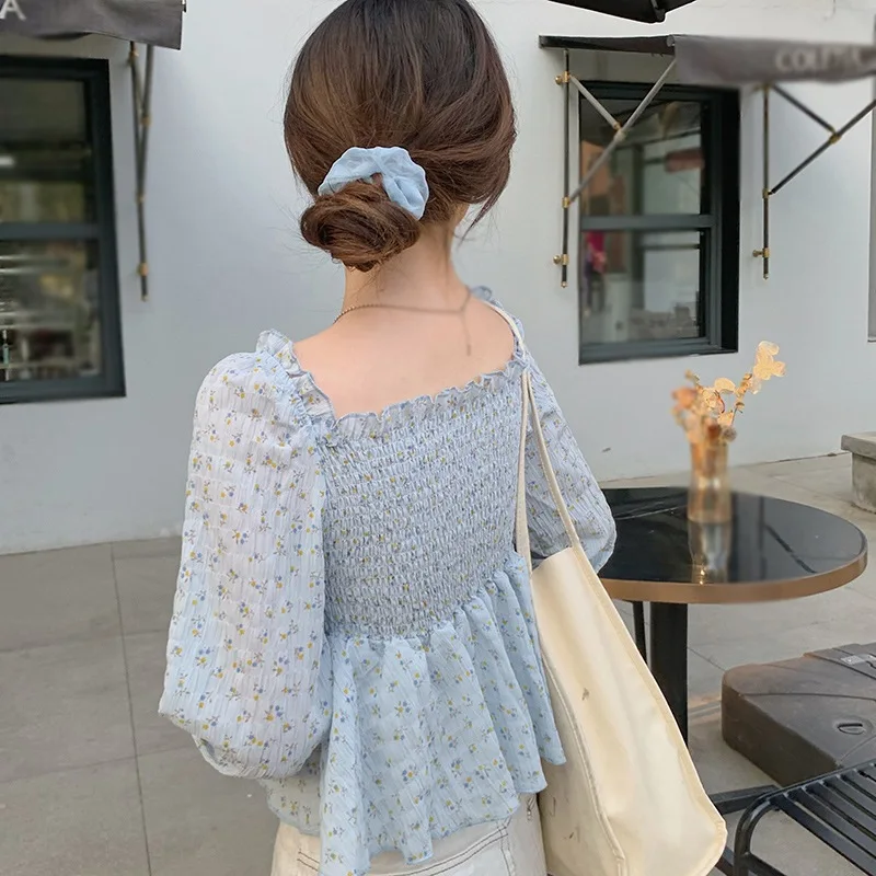 

Women Blouses Summer Floral Print V Neck Slim Tops Female Sweet Chiffon Long Sleeves Shirt 2021'
