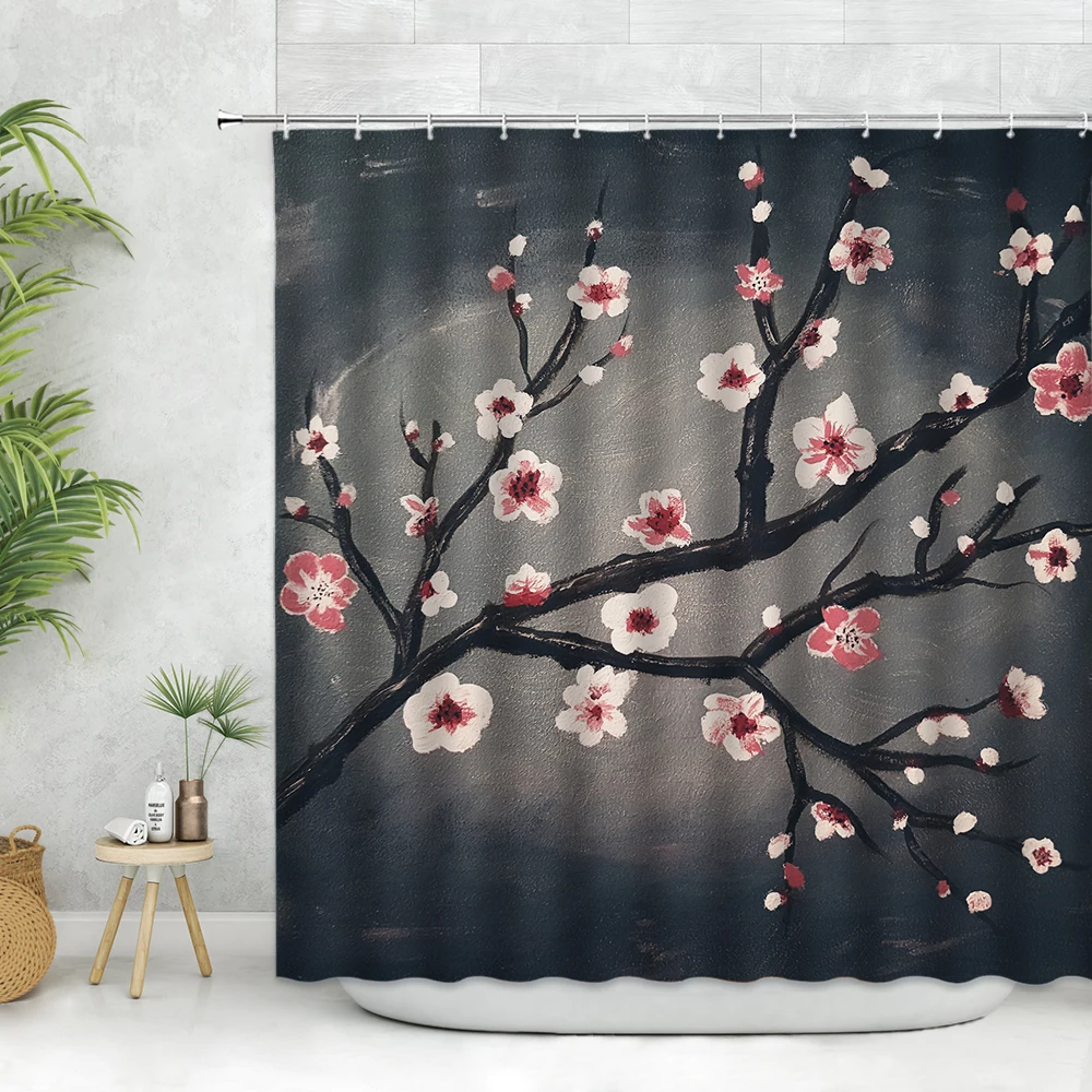 

Занавеска для душа с рисунком цветущего персикового цветка Сакура на черном фоне с весенним листом занавеска для ванной комнаты Аксессуары...