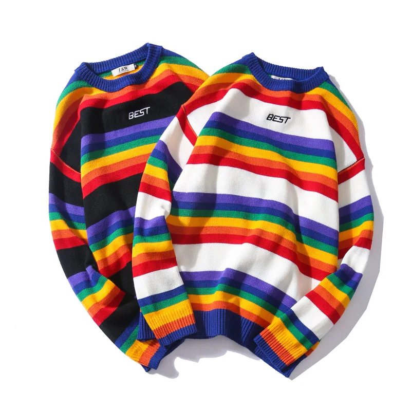 

Letter Print Knitwear Sweaters Men Color Block Rainbow Striped Sweater Harajuku Retro Couple Casual Streetwear