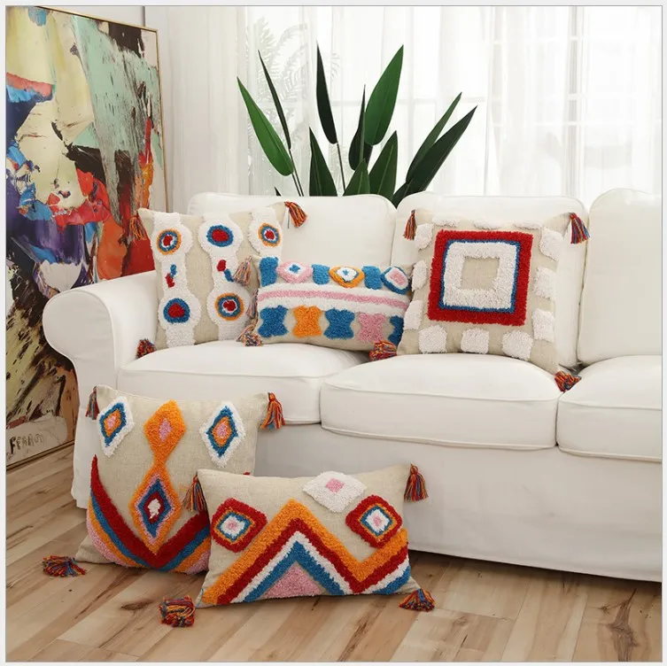 Покрытие для подушки с геометрической вышивкой из золотистого льна, марокканская наволочка с кисточками, прямоугольная подушка размером 45x45 см/30x50 см.