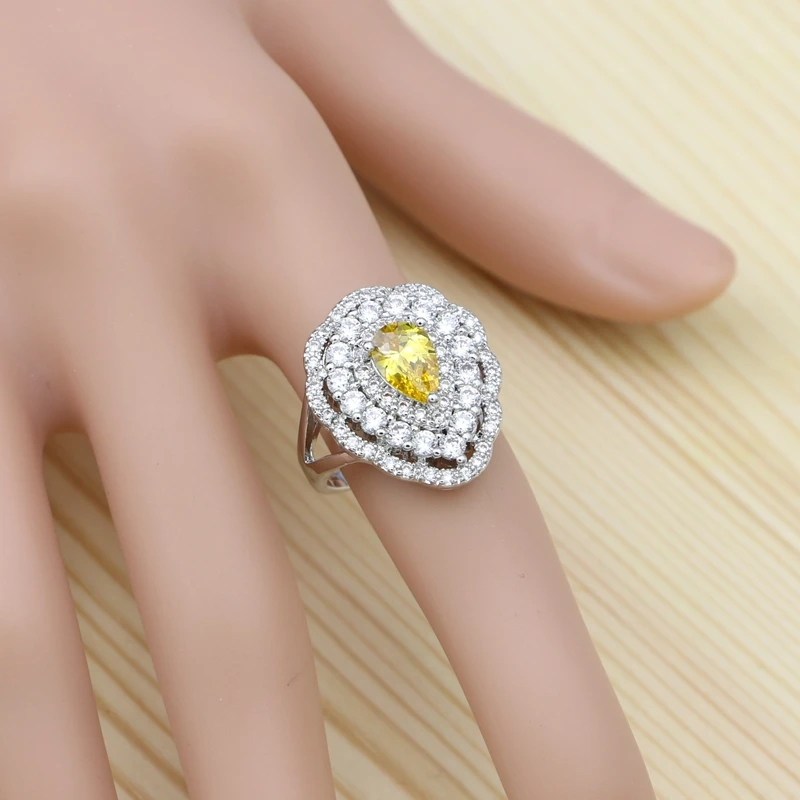 Bridal Jewelry Sets Of Silver 925 For Women Yellow Cubic Zirconia Water Drop Ring/Bracelet/Necklace/Pendant/Earrings Set | Украшения и