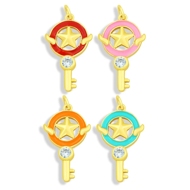 

OCESRIO Cubic Zirconia Gold Plated Cute Key Star Pendants for jewlery making Copper Jewellery Crafts Wholesale pdta431