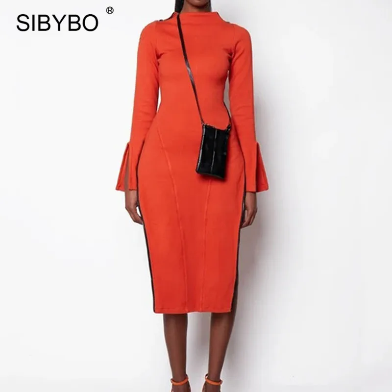 Женское облегающее платье с высоким разрезом SIBYBO черное вязаное длинным рукавом