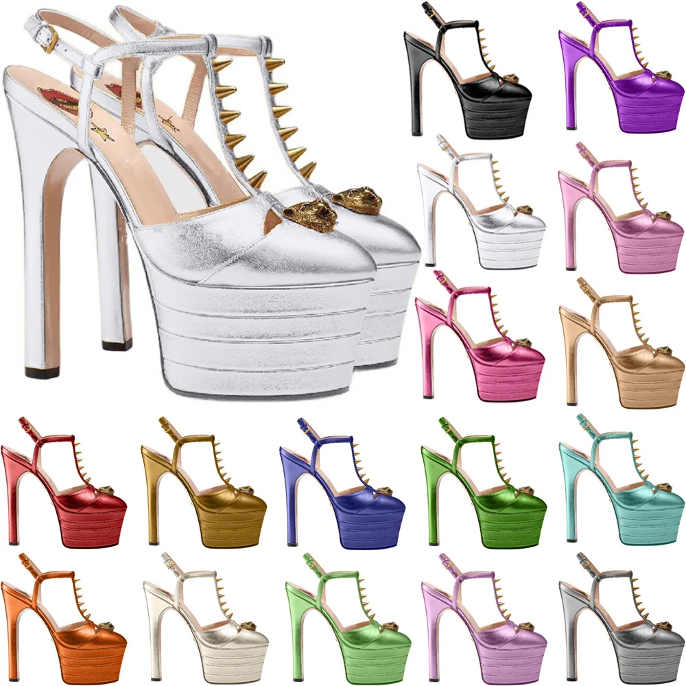 

Women Chunky High Heels T Strap Rivet Sandals Sexy Round Toe Evening Party Shoe Platform Popular Ball Summer Lady Sandals D-SL-2