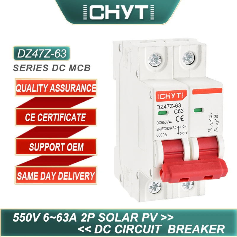 

CHYT DZ47Z-63 2P PV Din Rail DC 550V 63A 6kA Solar Air Switch Mini Circuit Breaker MCB For Photovoltaic