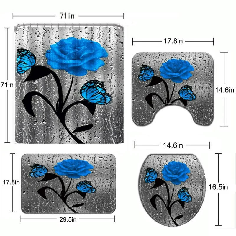 

Flowers Printed Shower Curtain Set with Rug Anti-slip Carpet Bathtub Toilet Screen Waterproof Bathroom Decor with Hooks #8