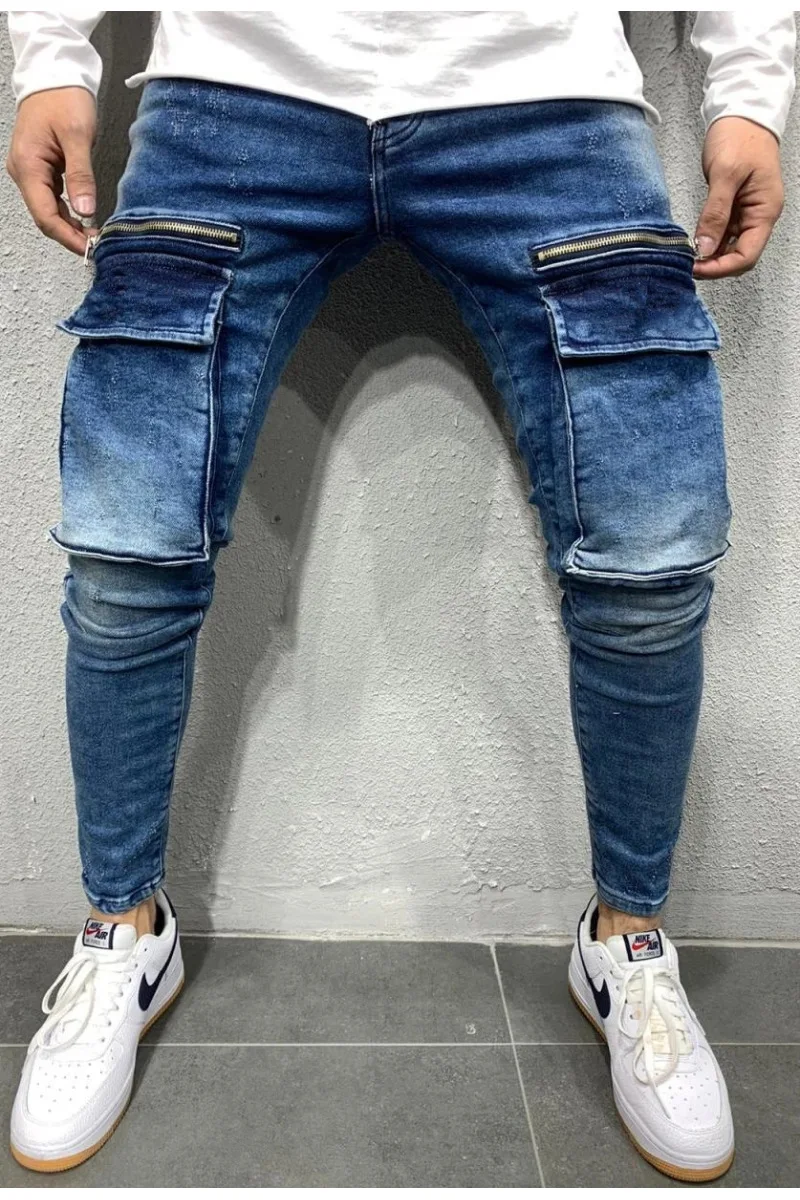 

20211 men's zipper pocket slim casual fashion jeans