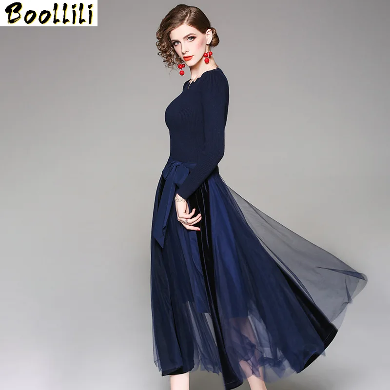 Knitted Spring Autumn Dress Women Clothes 2023 Vintage Velvet Maxi Dress Elegant Ladies Dresses Mesh Blue Dress Vestidos