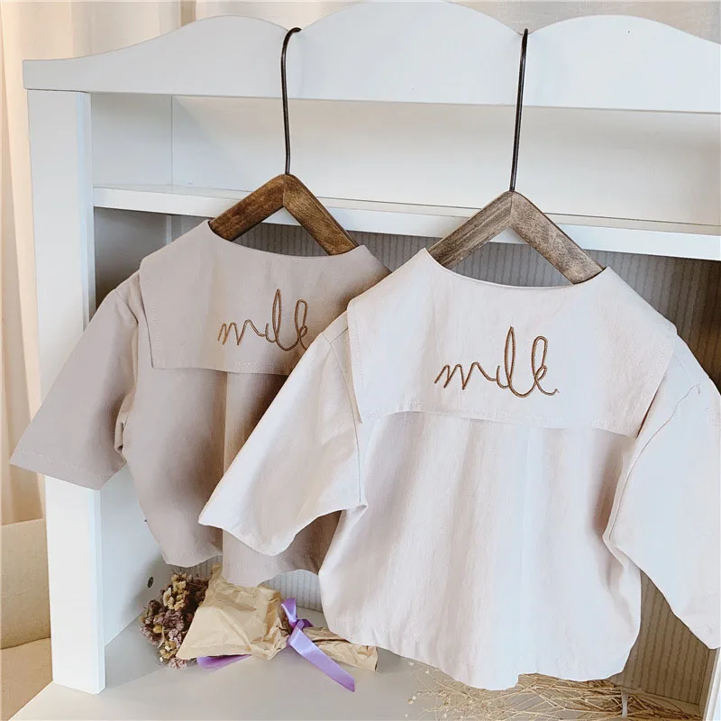 

Baby Girl Shirt Spring Autumn Top Clothes 1-5 Year Old Children Girl Blouse Girls Korean Cotton Embroidered Turn-Collar Shirt