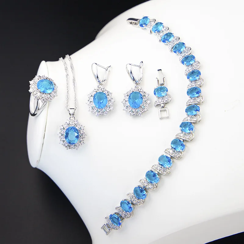 

Funmode 4pcs Blue Zircon Wedding Bridal Link Chain Necklace Jewelry Sets For Women Accessories Wholesale FS105