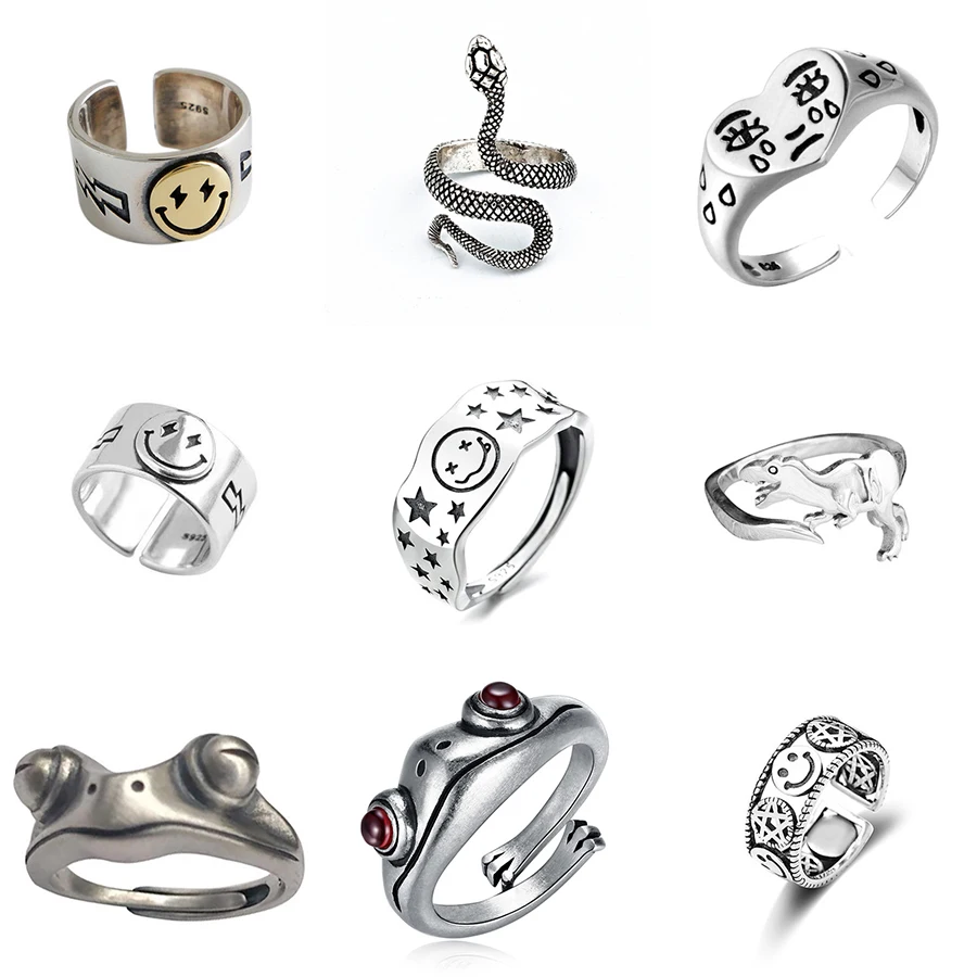 

Vintage Silver Color Rings For Women Fashion Girl Men Couple Jewelry Punk Hip Hop Frog Snake Smiley Animal Metal Ring anillo