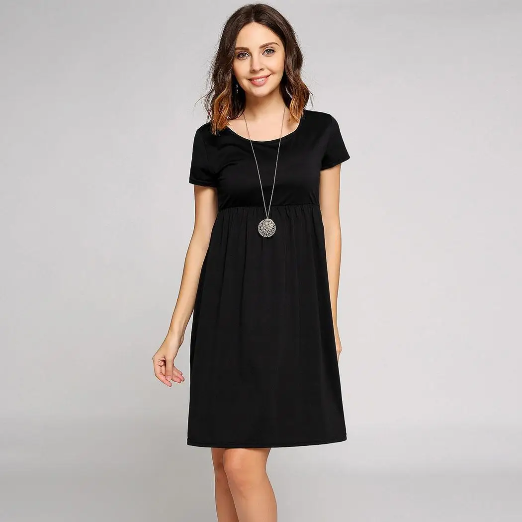 Solid Short Sleeve Scoop Collar Smock Casual Women Dress Height 174cm Bust 85cm Waist 60cm Hip 89cm | Женская одежда