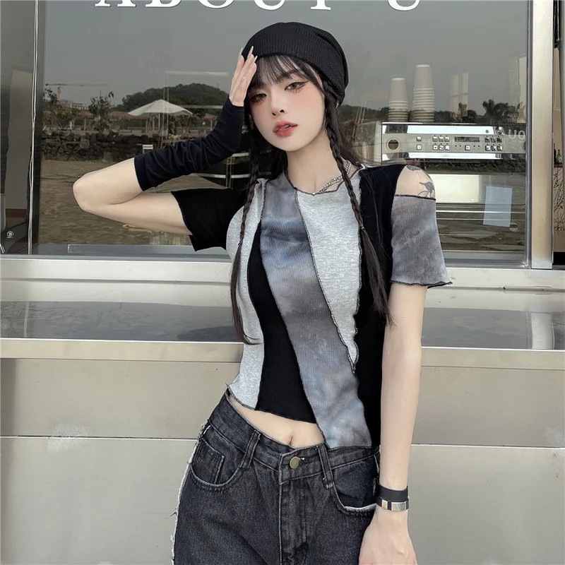 

Crop Top Sexy Streetwear New Summer Women's Clothing Fashion Leak A Single Shoulder All-match Tie-dye Slim Patchwork O-Neck Tees