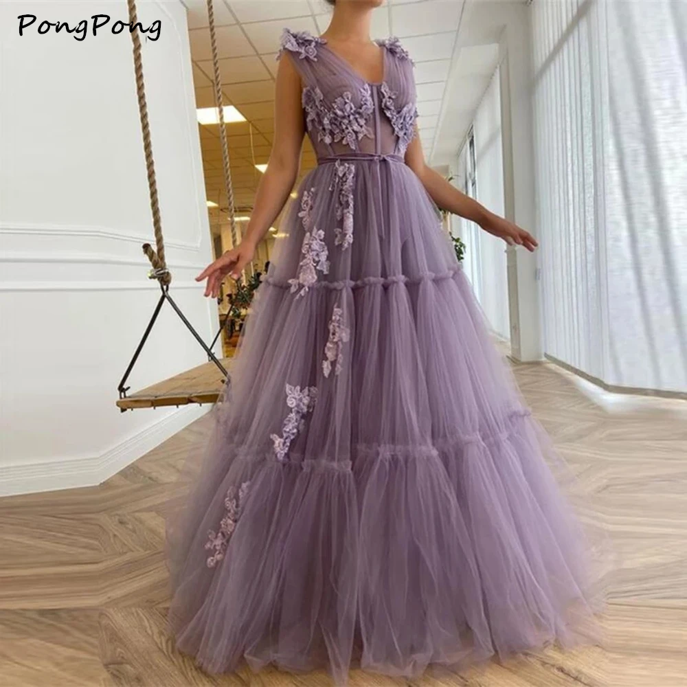 

Elegant Lavender Tulle A Line Long Prom Dresses 2021 V Neck 3D Flowers Layer Corset Fitted Floor Length Evening Gown