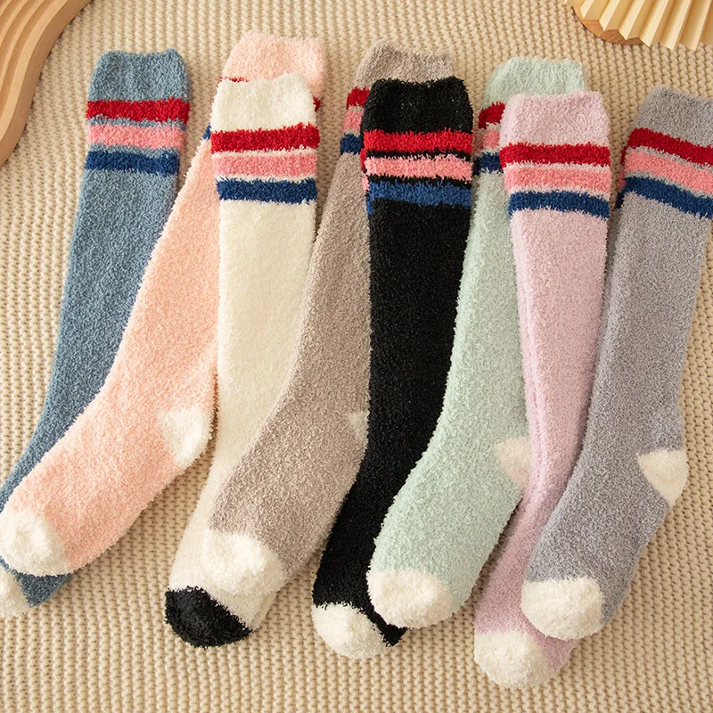 

Coral Velvet Striped Calf High Tube Socks Women's Winter Plus Velvet Thickening Warmth Small Home Sleep Plush Towel Long Tube