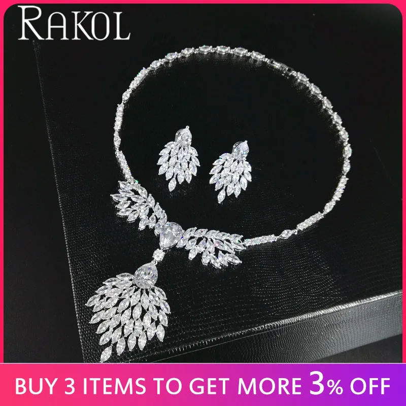 RAKOL High Quality Blue Zirconia Rhinestone Fashion Jewellery Wedding Jewelry Sets Long Crystal Drop Bridal Necklace And Earring | Украшения