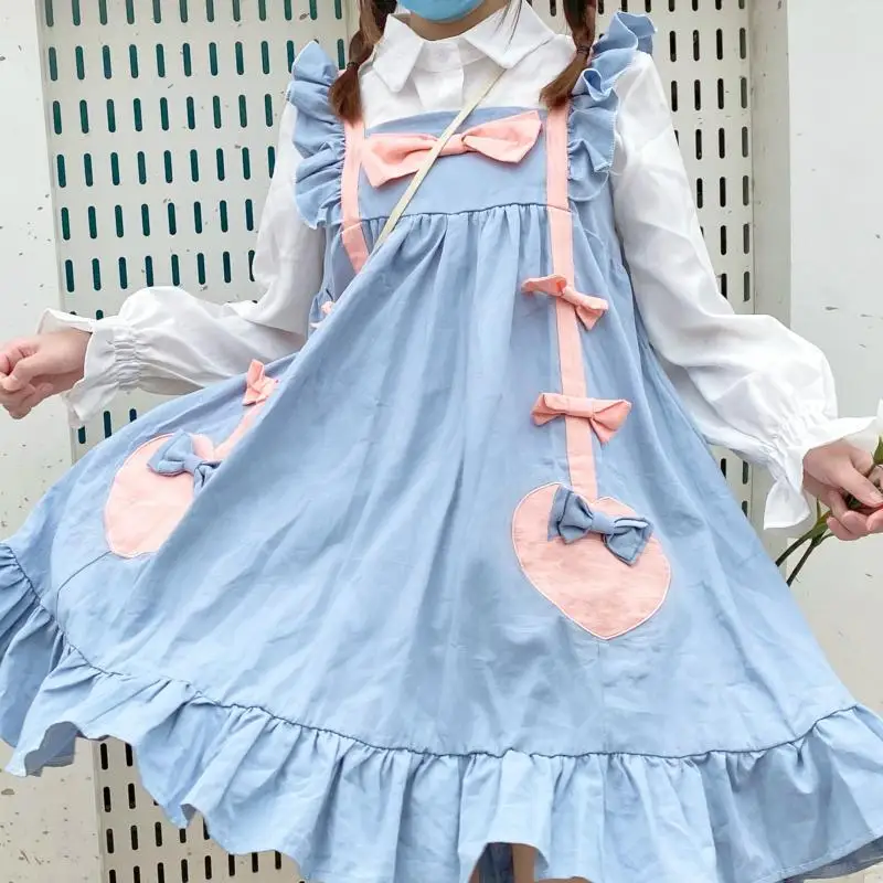 

Japanese Summer Sweet Lolita Style Dress Sleeveless Cute Ruffles Mori Girl Dresses Square Collar Kawaii Bow Splice Strap Dress