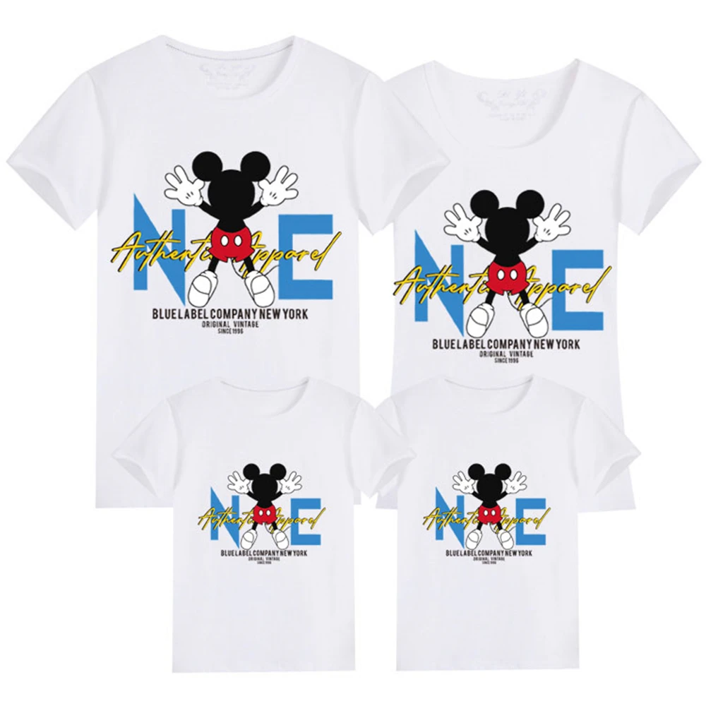 

Family Summer Tee Shirts Cartoons Mickey Baby T-shirts Cotton Streetwear Parent-child Short Sleeve Casual Base White Loose