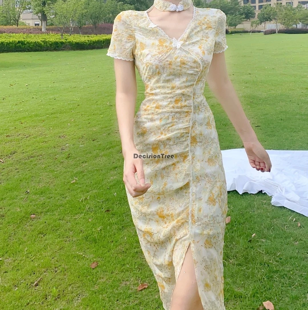 2021 Сетчатая ткань Китайское платье-Бандажное платье Ципао в китайском стиле