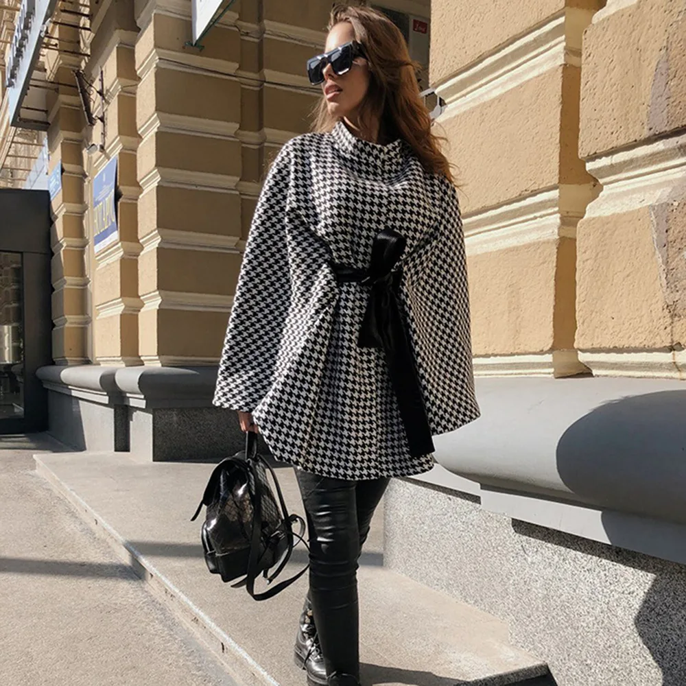 

Shin 2021 Autumn Winter New Print Ladies European And American Coat Houndstooth Woolen Coat Loose Tie Cloak Top Simplicity