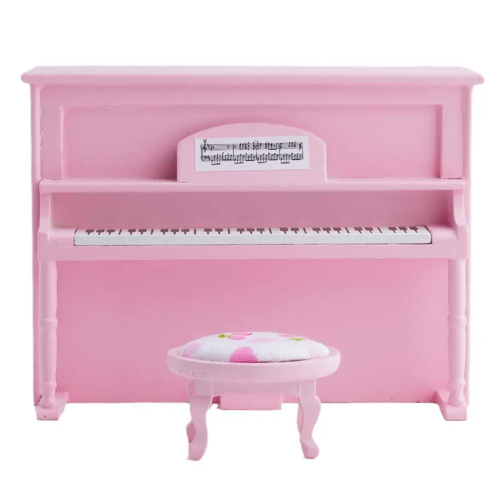 

1/12 Dollhouse Miniature Accessories Mini Wooden Upright Piano With Stool Simulation Furniture Toys For Dolls House Decoration