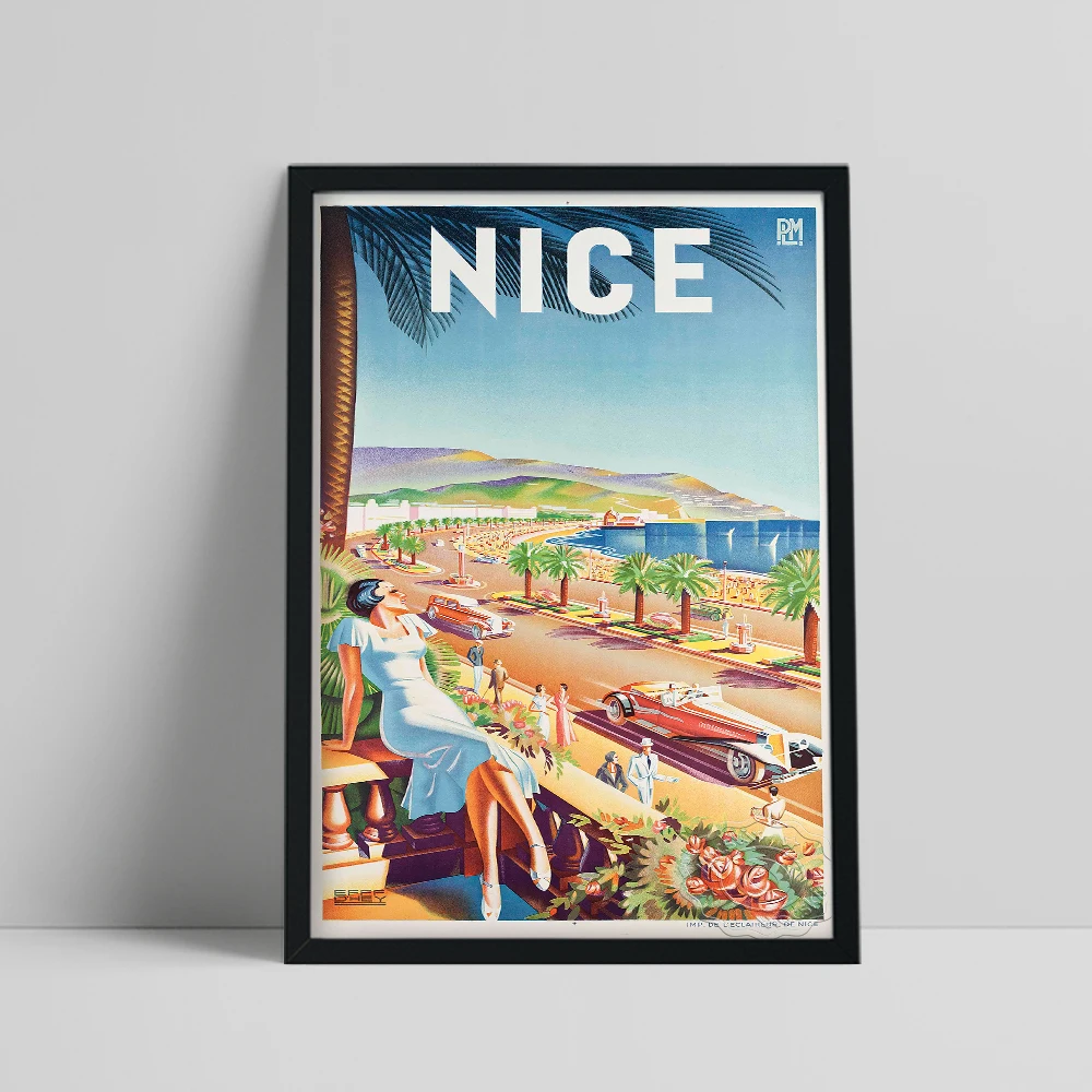 

Vintage World Travel Poster, Nice France City Seaside Scenery Canvas Painting, Europe Cars Wall Art, Tour Souvenir Home Decor