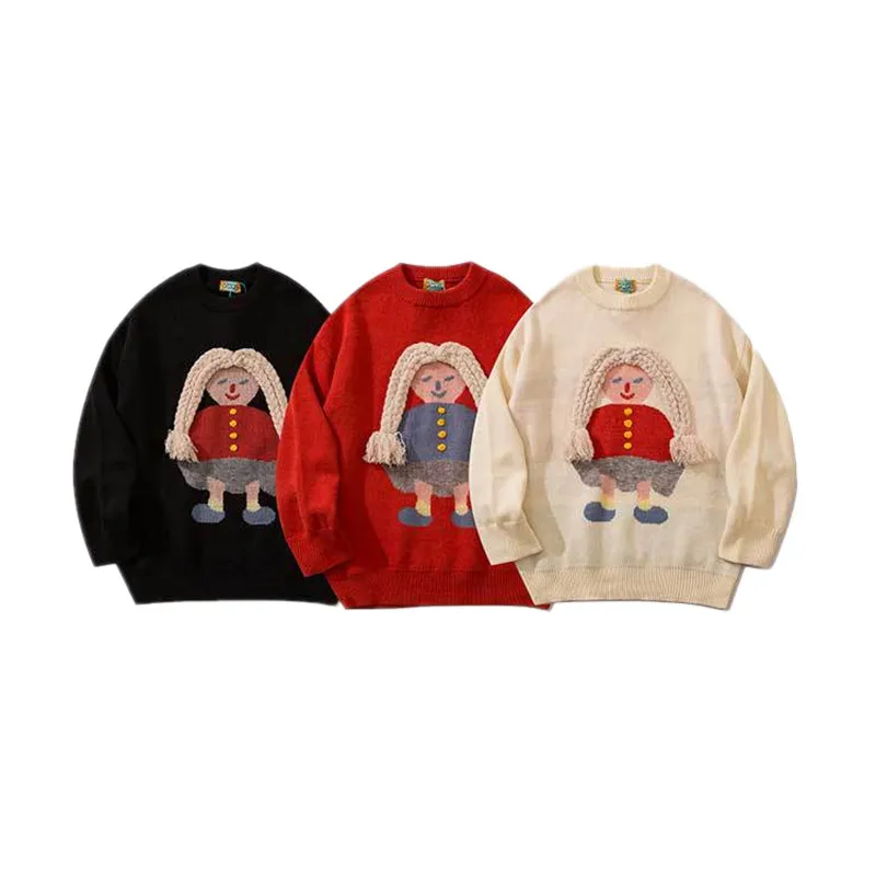 

Harajuku Fashion Knitted Women Sweater Red Cartoon Girl Embroidery Casual Sweater Coat Loose Retro Outwear Pullover Sweater