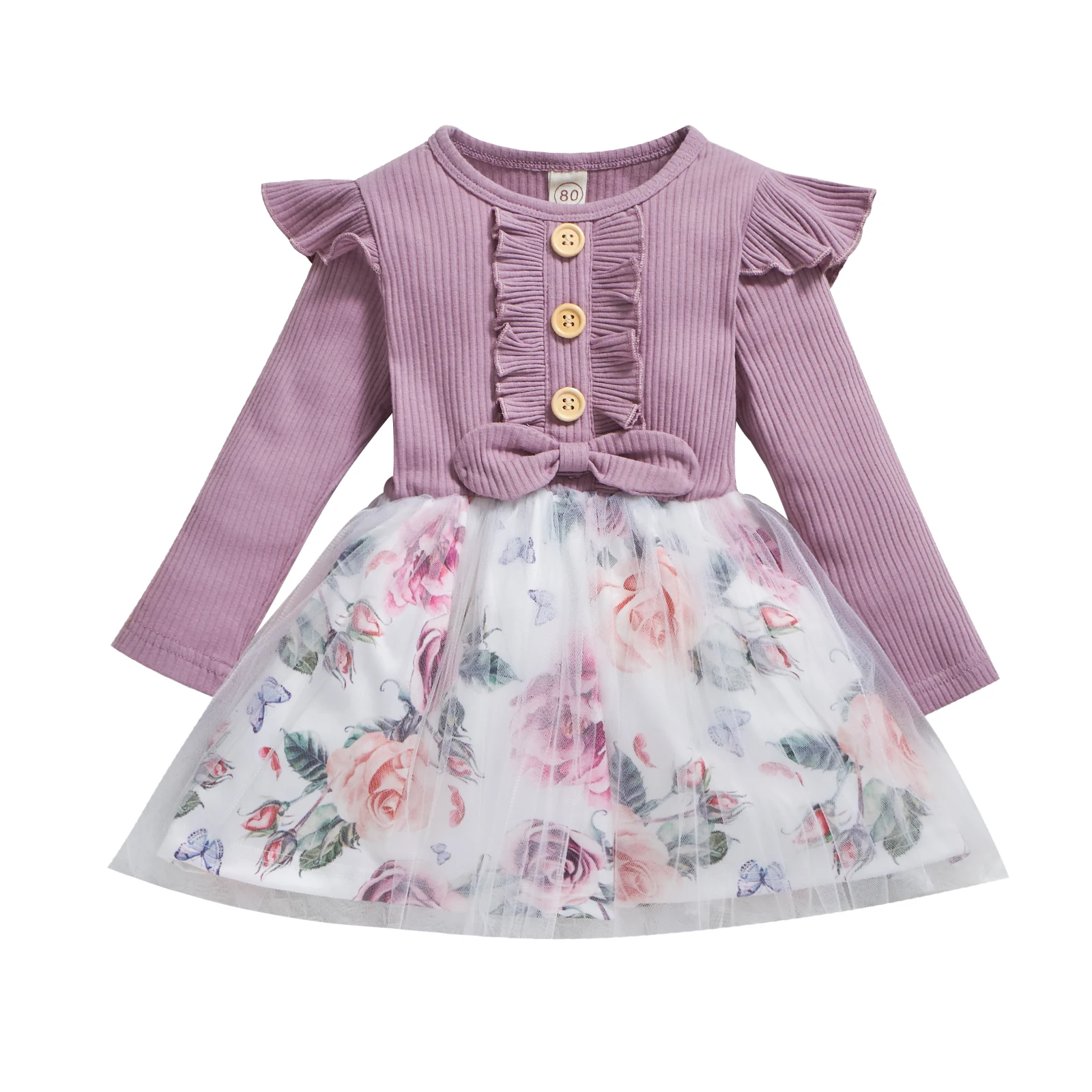 

Autumn Kids Baby Girls Dress Ribbed Floral Stitching O-Neck Long Sleeves Ruffled Casual Gauze Skirt Clothes 9 Months to 4 Years