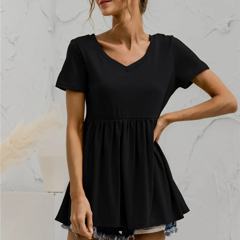 

Women's V-Neck Ruffled Tops Summer Short-Sleeved Babydoll Casual Pleated T-Shirt