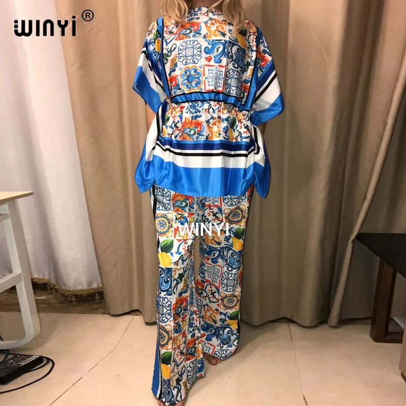 

Костюм из двух предметов WINYI, брюки и жакет большого размера с рукавом «летучая мышь», женское эластичное шелковое платье в пол, новая мода