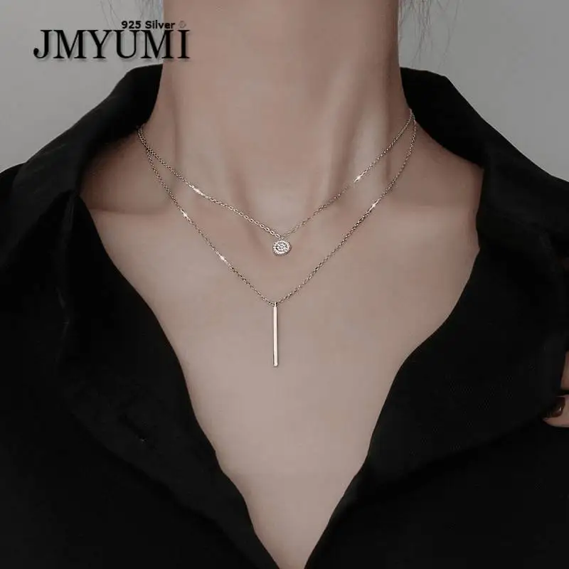 

JMYUMI 925 Sterling Silver Double Necklace Choker Shiny Zircon Geometric Long Clavicle Chain Woman Wedding Jewelry Birthday Gift