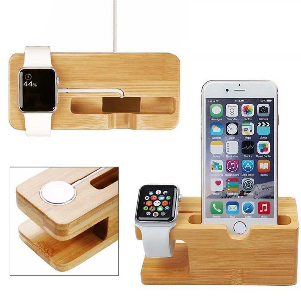 bamboo wood phone charger dock holder desk stand for iphone apples watch 3842mm free global shipping