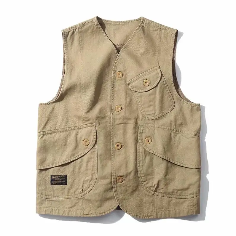 

2020 Japan Autumn Retro Cotton Vest Men's Fashion Multi-pockets Cargo Vests Amekaji Sleeveless Jacket Men Casual Waistcoat w876