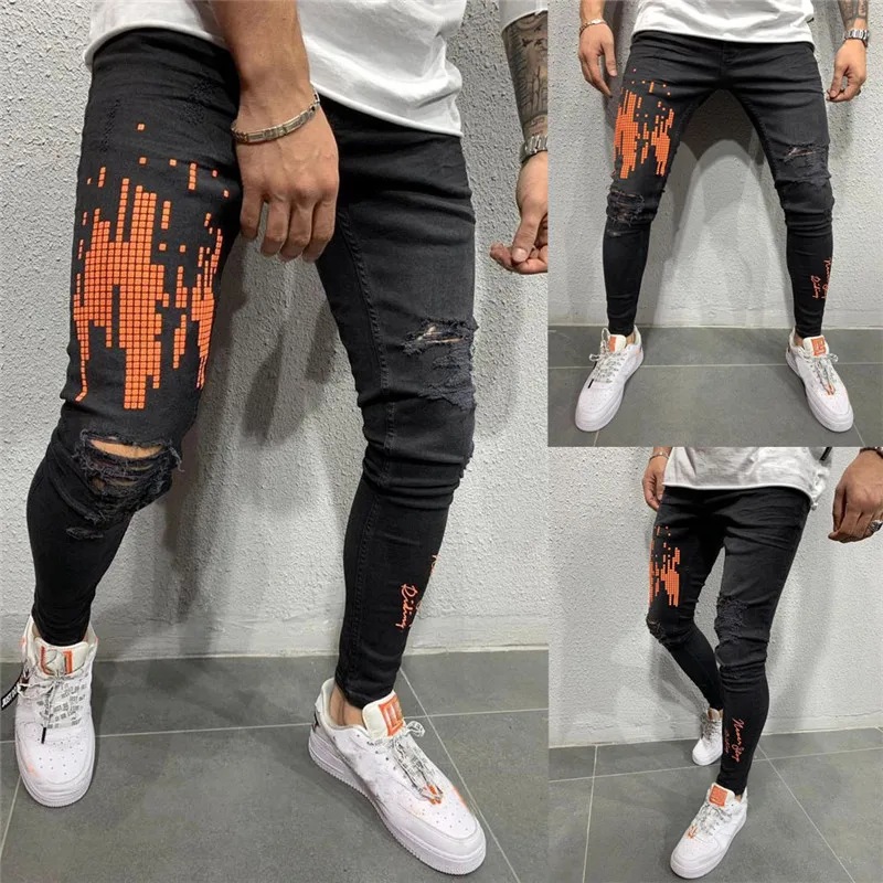 Мужские зимние рваные джинсовые брюки повседневные облегающие Стрейчевые