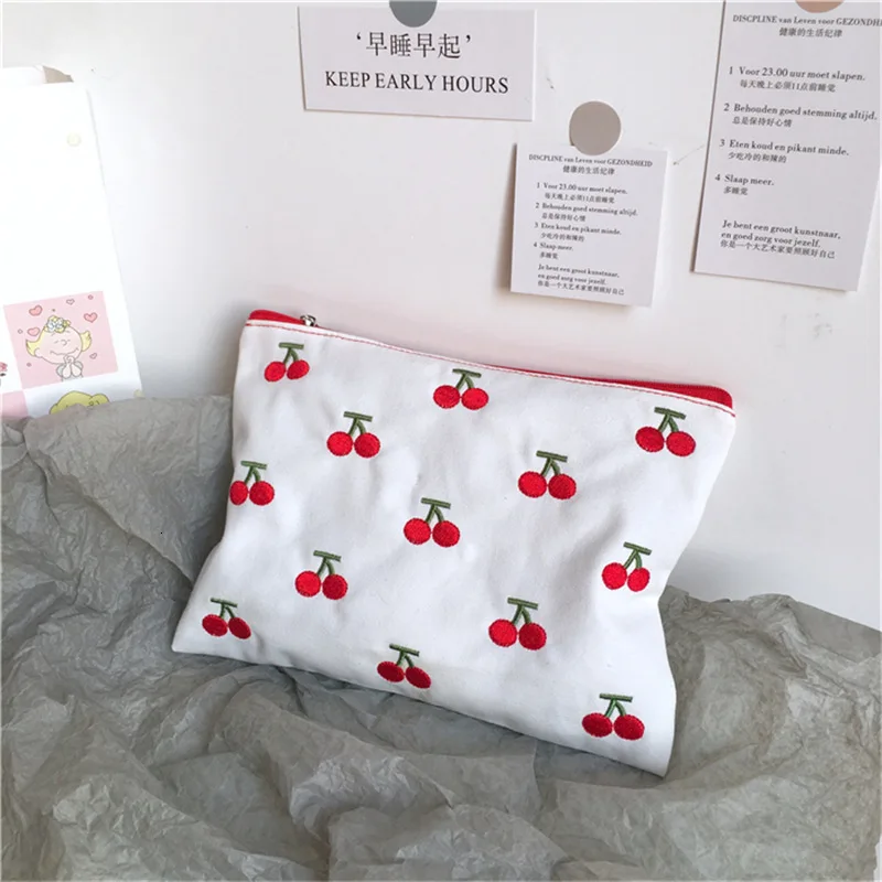 

SIXONE INS Canvas Cherry Embroidery Pencil Case Cosmetic Bag Korean Kawaii Storage Bag Concise Cute Student Пенал Stationery