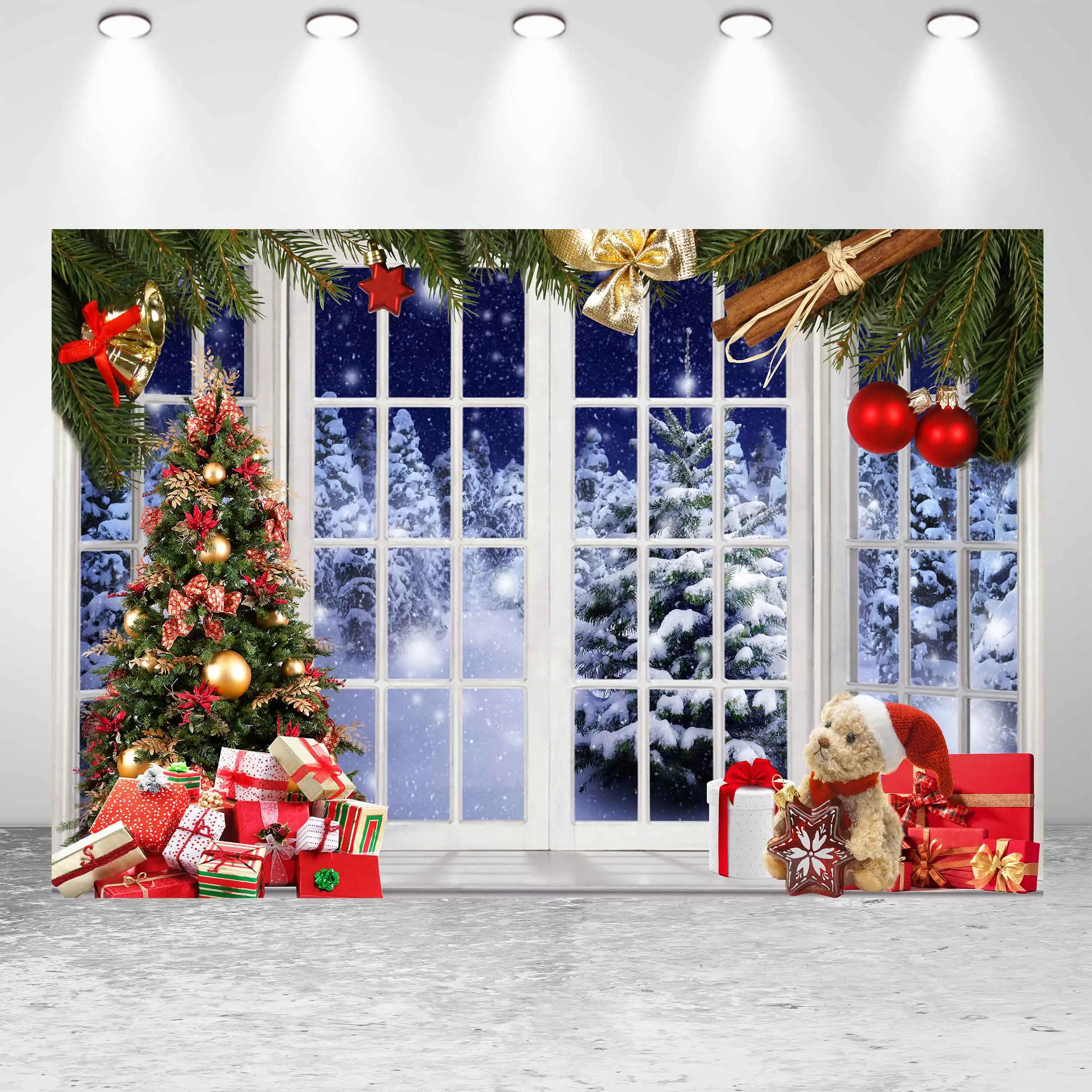 

Party Backgrounds Baby Backdrop Butterfly Knot Night Window Star Birthday Bear Christmas Tree Gifts Small Bell Photo Photography
