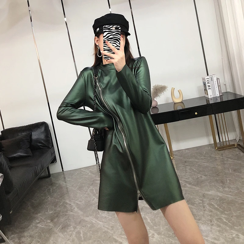 

Bright Leather Dress Women Temperament Personality Irregular Zipper Long Sleeve Round Neck Green Pu Leather Dresses