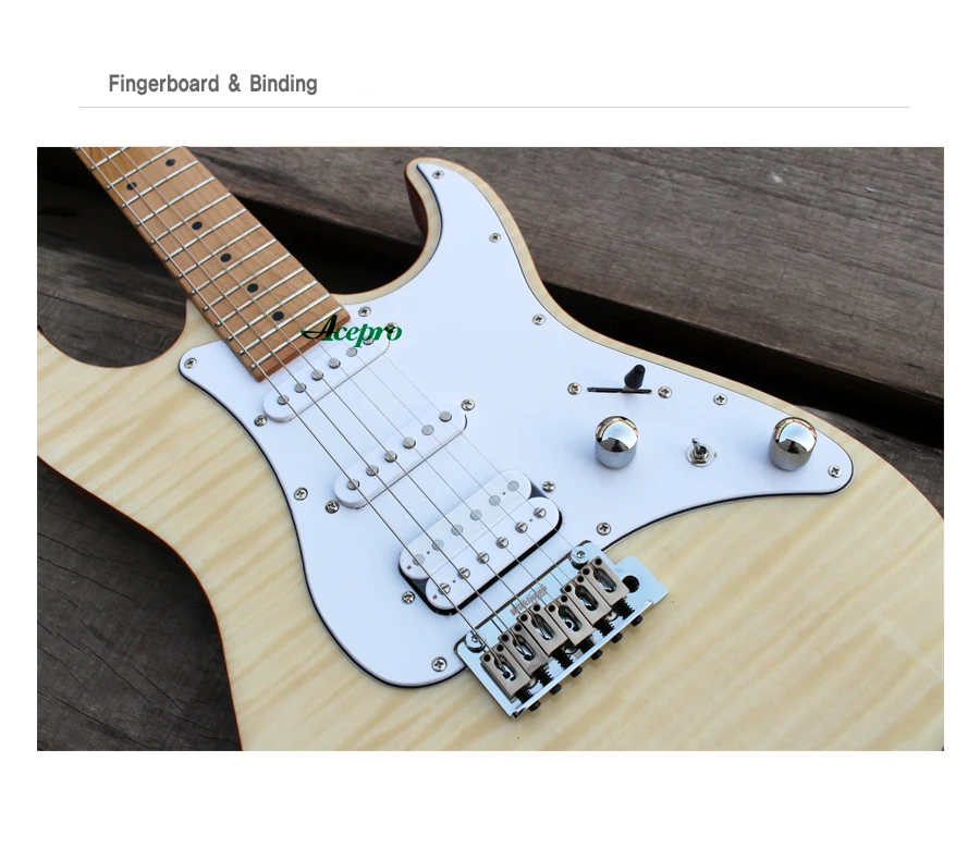 In Stock Acepro Electric Guitar, High quality Natural Flame Maple top Guitar, Wilkinson Tremolo Bridge, 2 Piece Mahogany Body