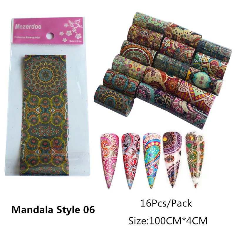 Mandala06 -16Pcs 8/10/16 шт инструментов для ногтей Фольга передачи комплект наклейка для ногтей Стикеры 4*100 см цветок газета новости смешанные нейл-арта украшения клей обертывания - Цвет: Mandala06 -16Pcs