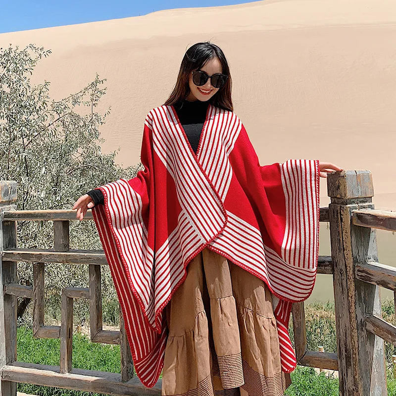 

Новинка 2021, зимний женский шарф, шаль в полоску с разрезом, имитация кашемира, плотная теплая накидка, для туризма и пустыни