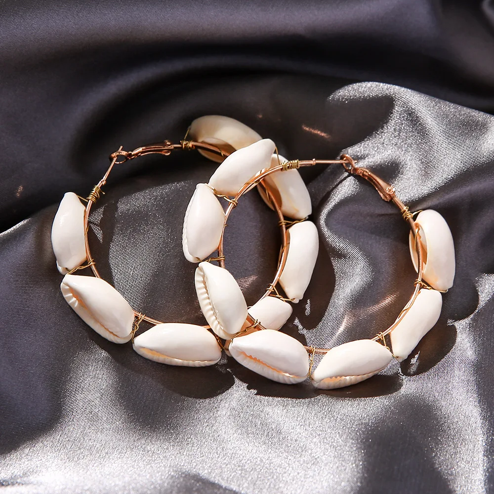 

Bohemia Women Earrings shell annular Ronud Hand winding Big circle ear ring Lips white Fashion beach summer