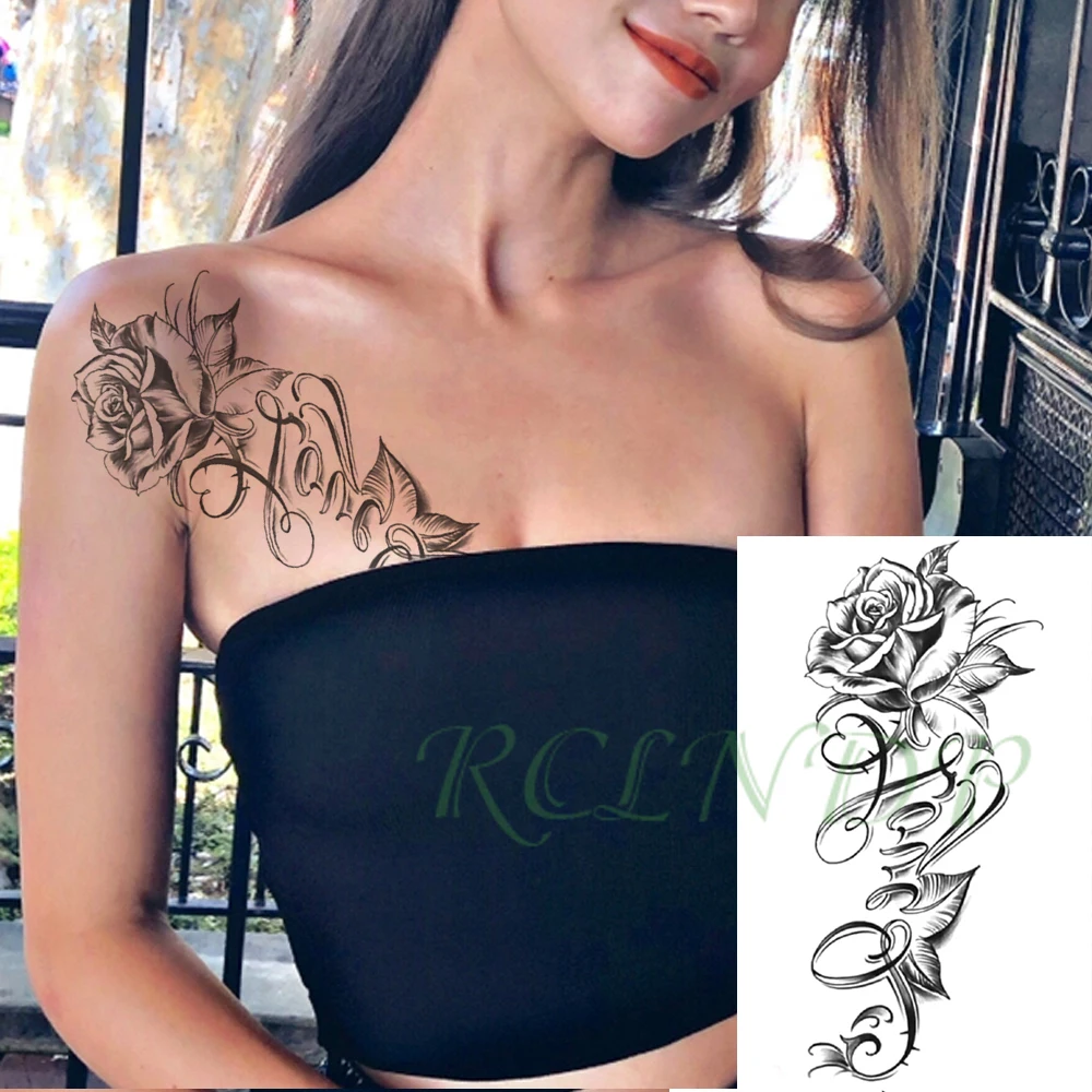Водостойкая Временная тату-наклейка роза цветок английское слово LOVE Ele men t