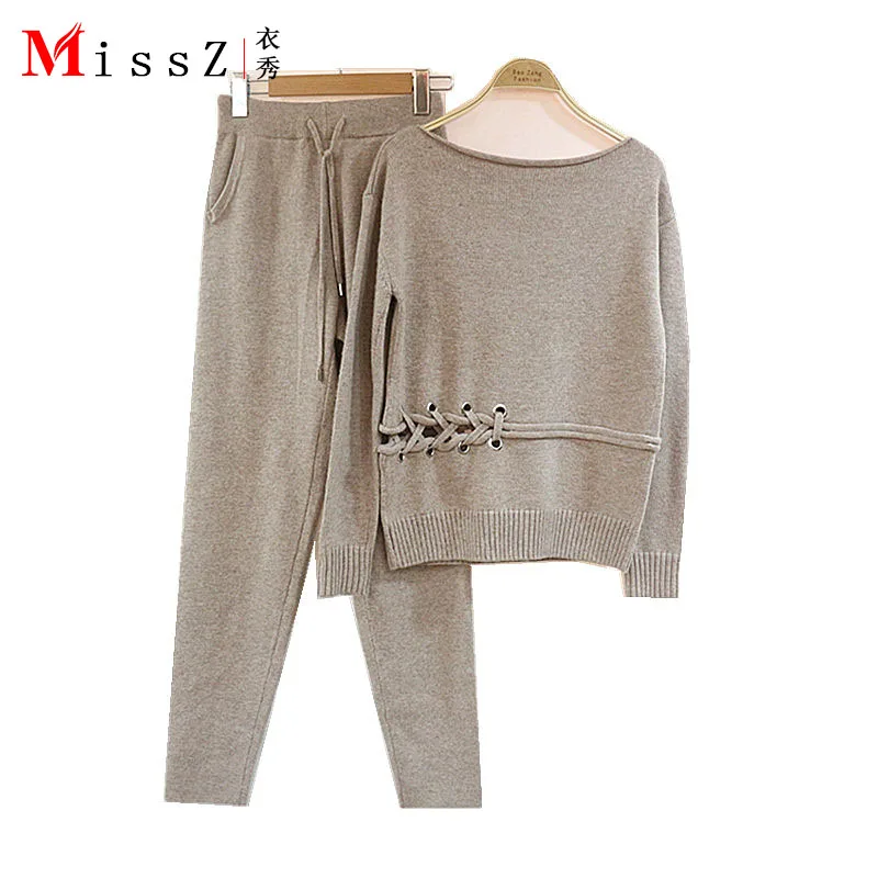 

2020 Time-limited New Women's Cashmere Suit Round Collar Knit Sweater + Casual Pants Fashion Two Pieces Of Women Apricot Full